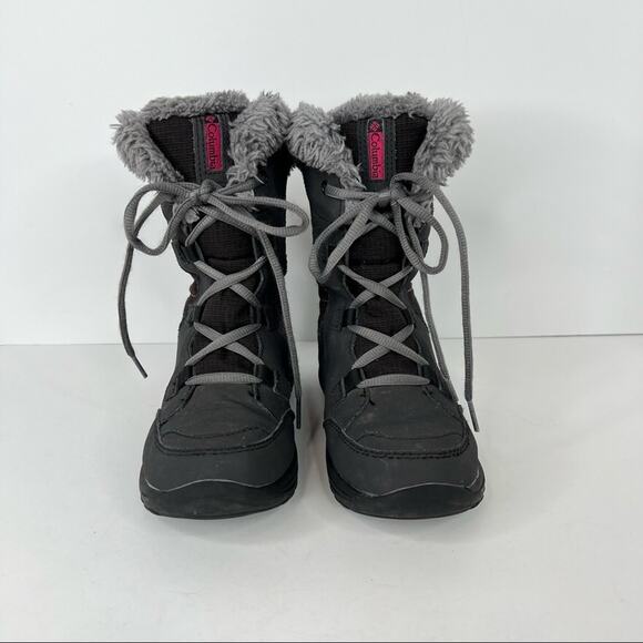 Columbia charcoal gray pink faux fur trim winter lace up ankle snow boots size 1 - Picture 2 of 10
